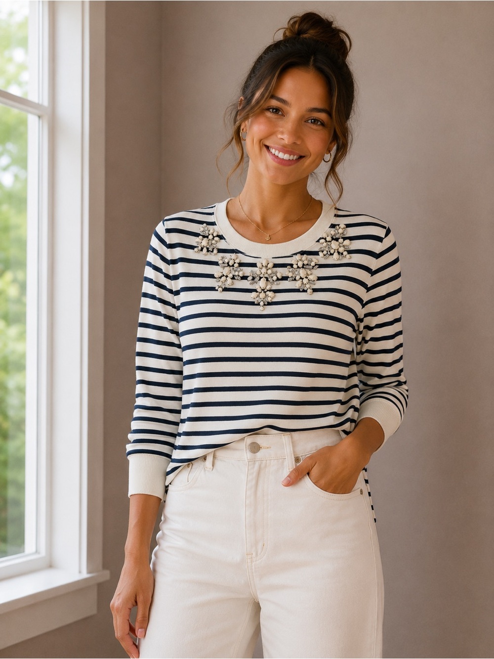 J. Crew Navy and White Striped Long-Sleeve Boatneck Top